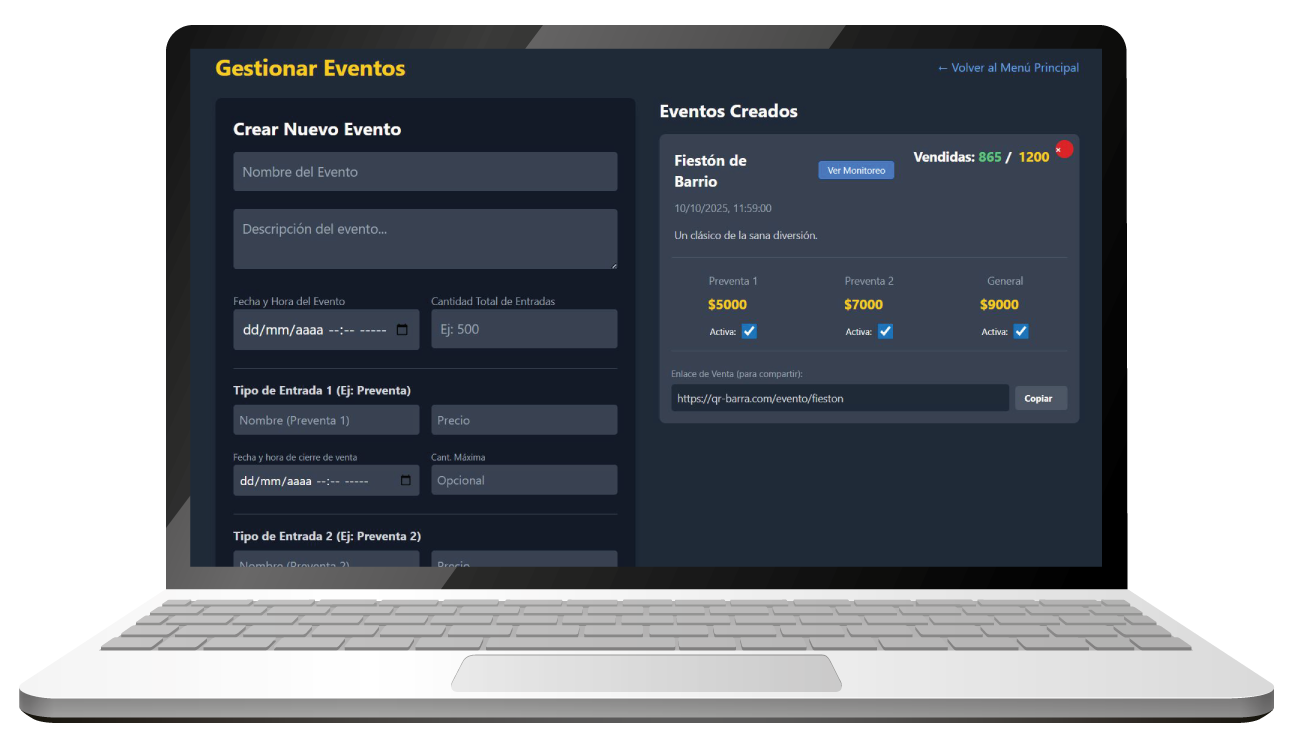 Panel de Gestión de Eventos de QR-Barra en una laptop durante una fiesta